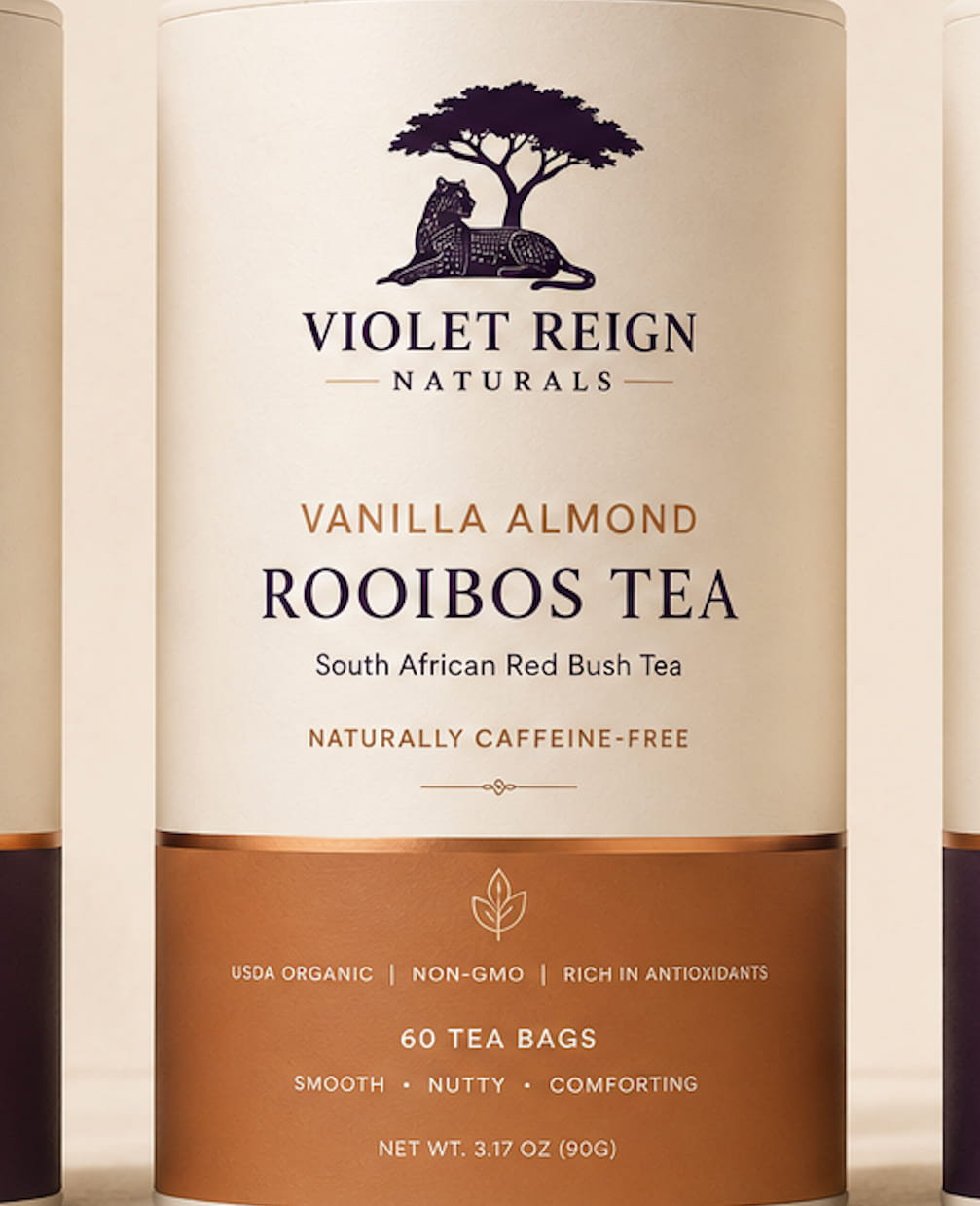 A Violet Reign Naturals Vanilla Almond rooibos tea canister
