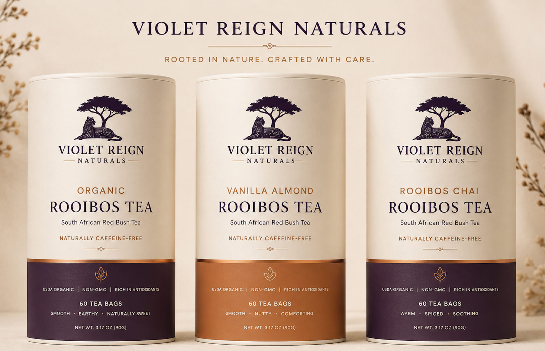 Three Violet Reign Naturals rooibos tea canisters side by side: Organic, Vanilla Almond and Rooibos Chai