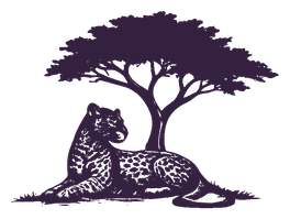 Violet Reign Naturals mark: a leopard resting beneath an acacia tree